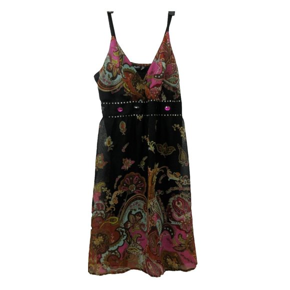 CASSEE'S Sundress Size 2X Colorful Gems Pink Black Pull-On V-Neck Smocked Back - Picture 3 of 12